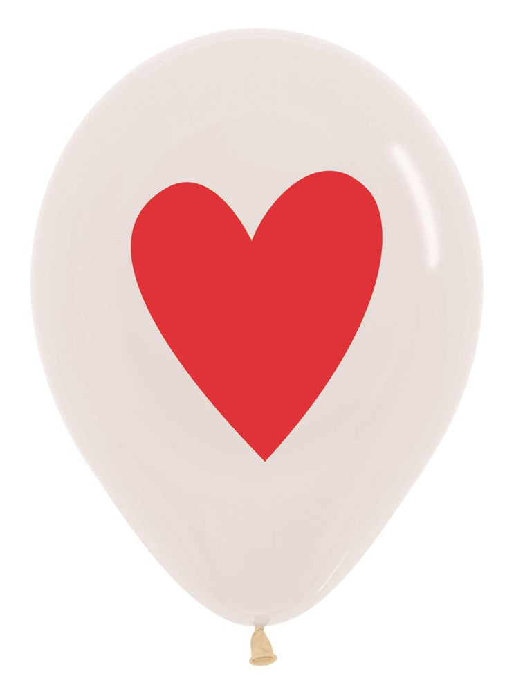 White latex balloon with a large red heart printed in the center, round shape.