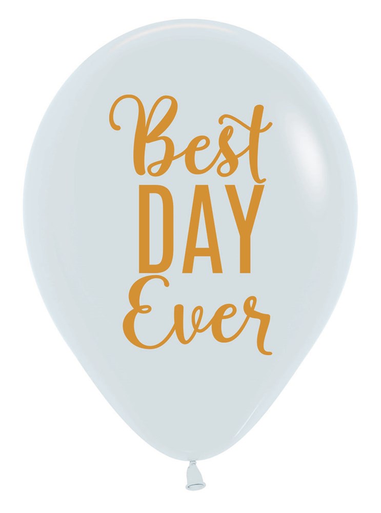 Light blue 11-inch latex balloon with "Best Day Ever" in gold script text.