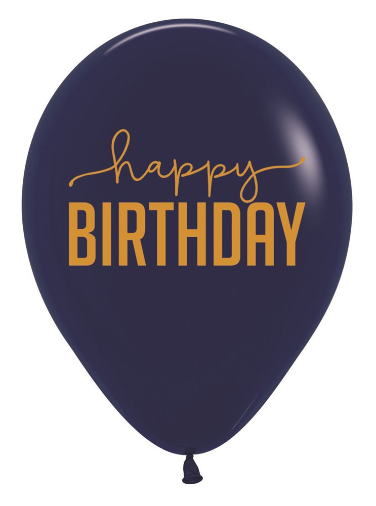 Navy blue 11-inch latex balloon with orange "happy birthday" text in a mix of script and bold fonts.