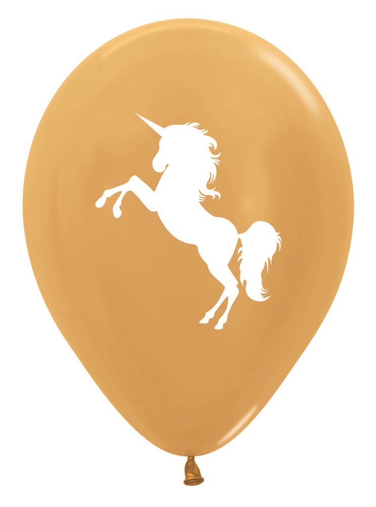 Gold latex balloon with white unicorn silhouette in rearing pose, 11 inch size.