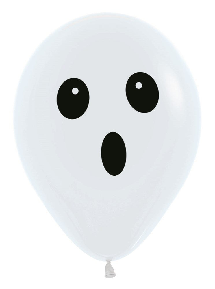 White 11-inch latex balloon with black ghost face design, oval eyes, and open mouth.