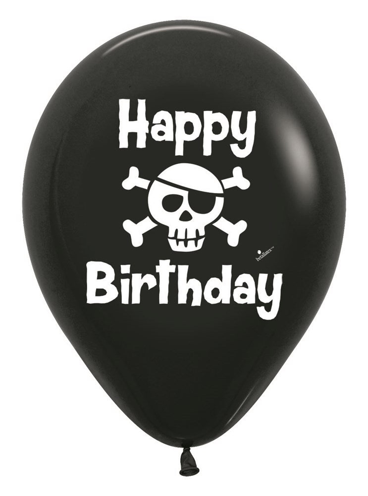 Black latex balloon with white "Happy Birthday" text and a pirate skull and crossbones design.