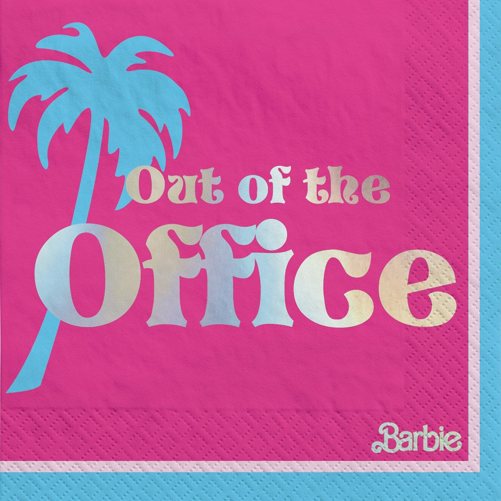 Pink square beverage napkin with blue palm tree and silver hot-stamped text "Out of the Office" and small white Barbie logo.