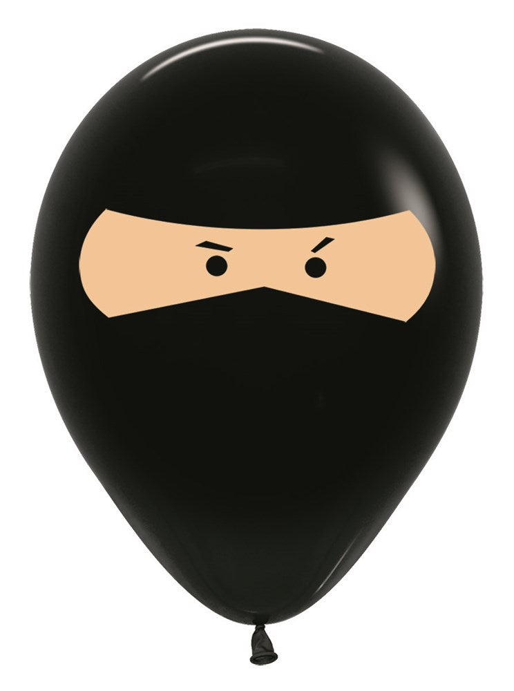 Black latex balloon with a ninja face design featuring beige eye mask and angry eyes.