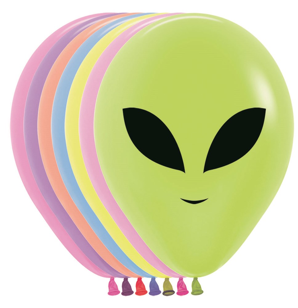 Set of 11-inch latex balloons in green, yellow, blue, pink, and purple, each with a black alien face design.