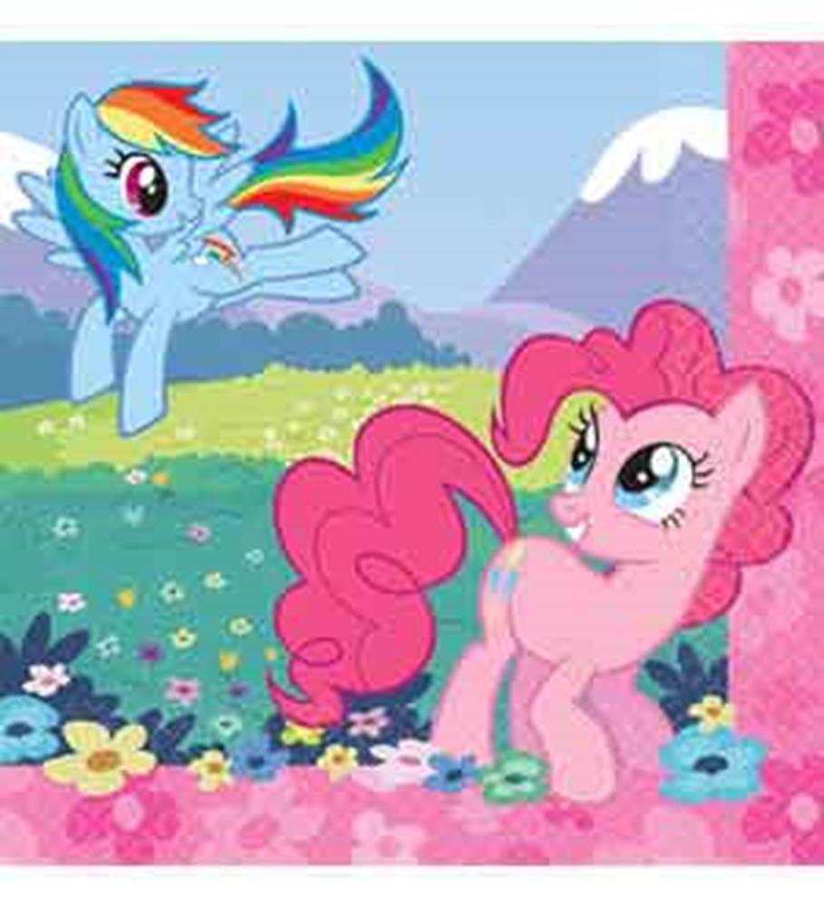Colorful My Little Pony napkin with Pinkie Pie and Rainbow Dash on floral meadow background, pink border.