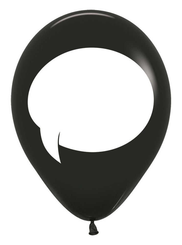 Black latex balloon with a white speech bubble print in the center, 11 inches tall.