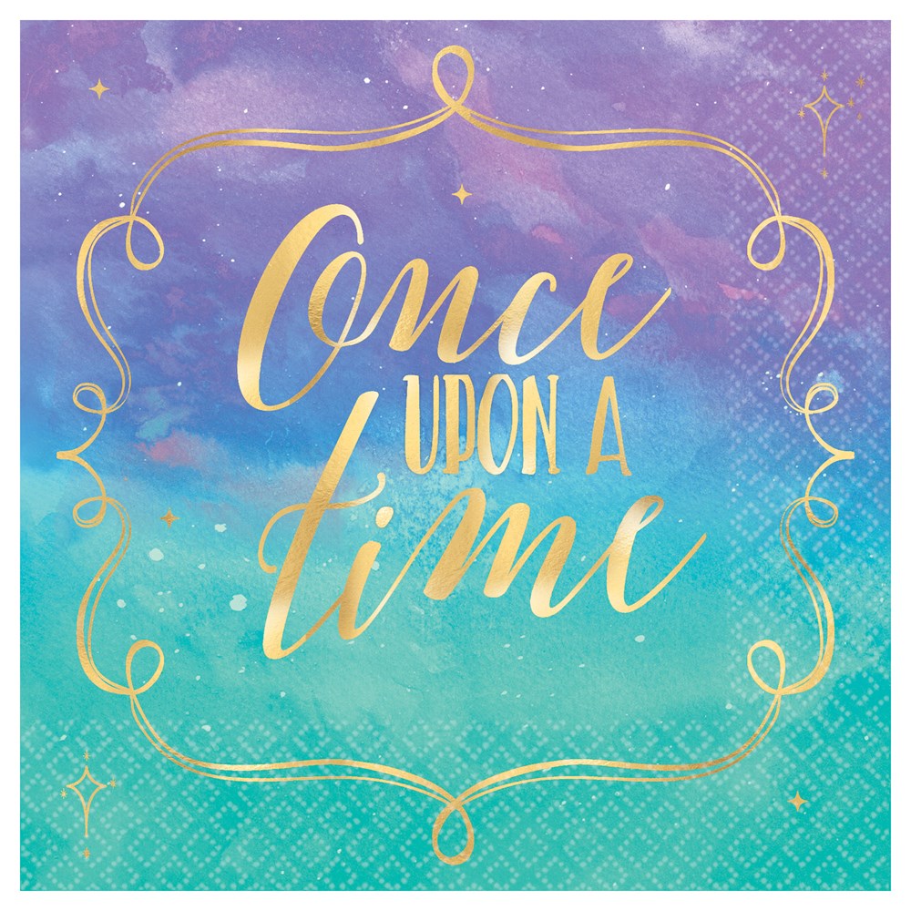 Square beverage napkin with teal and purple ombre background, gold foil "Once upon a time" text and decorative border.