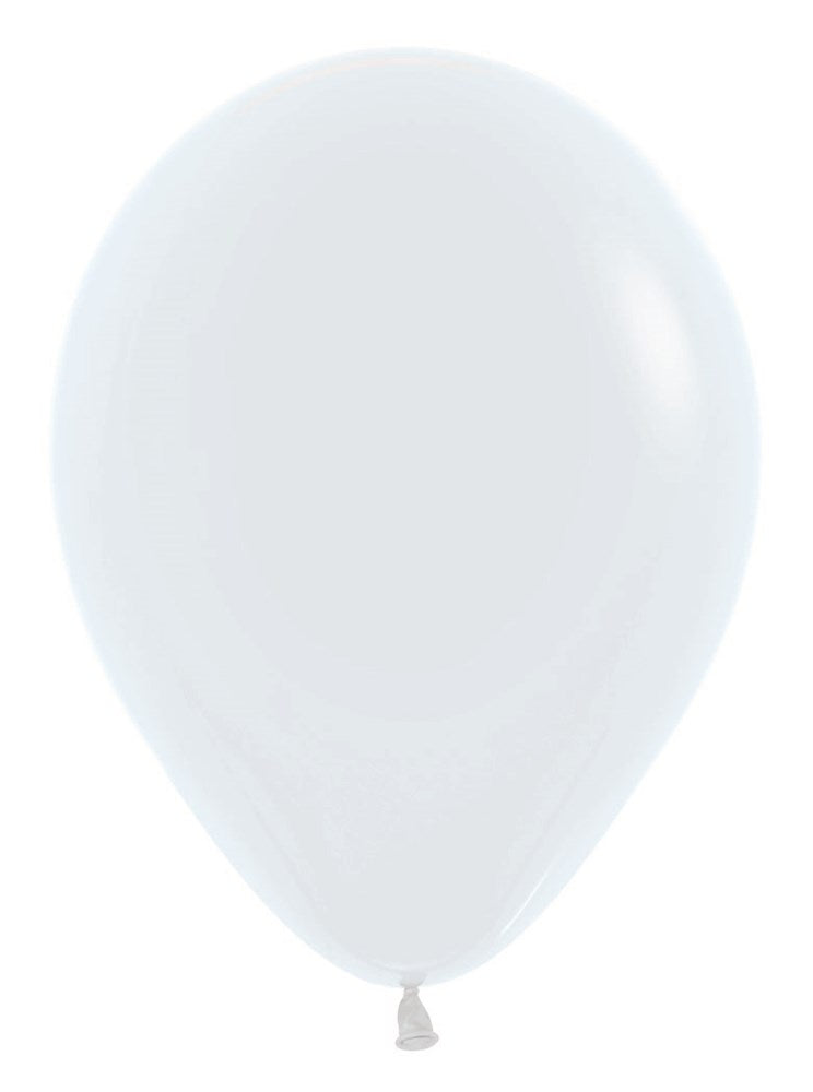 Single inflated 5-inch white latex balloon with a smooth, shiny surface and tied neck.
