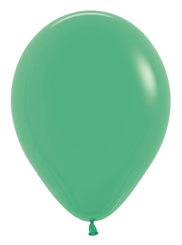 Single 5-inch green latex balloon inflated with a tied end visible at the bottom.
