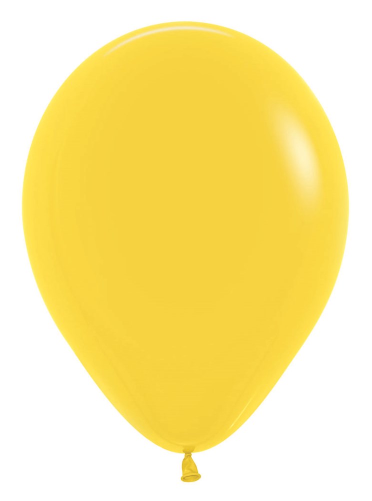 Bright yellow 5-inch round latex balloon with smooth surface and tied end.