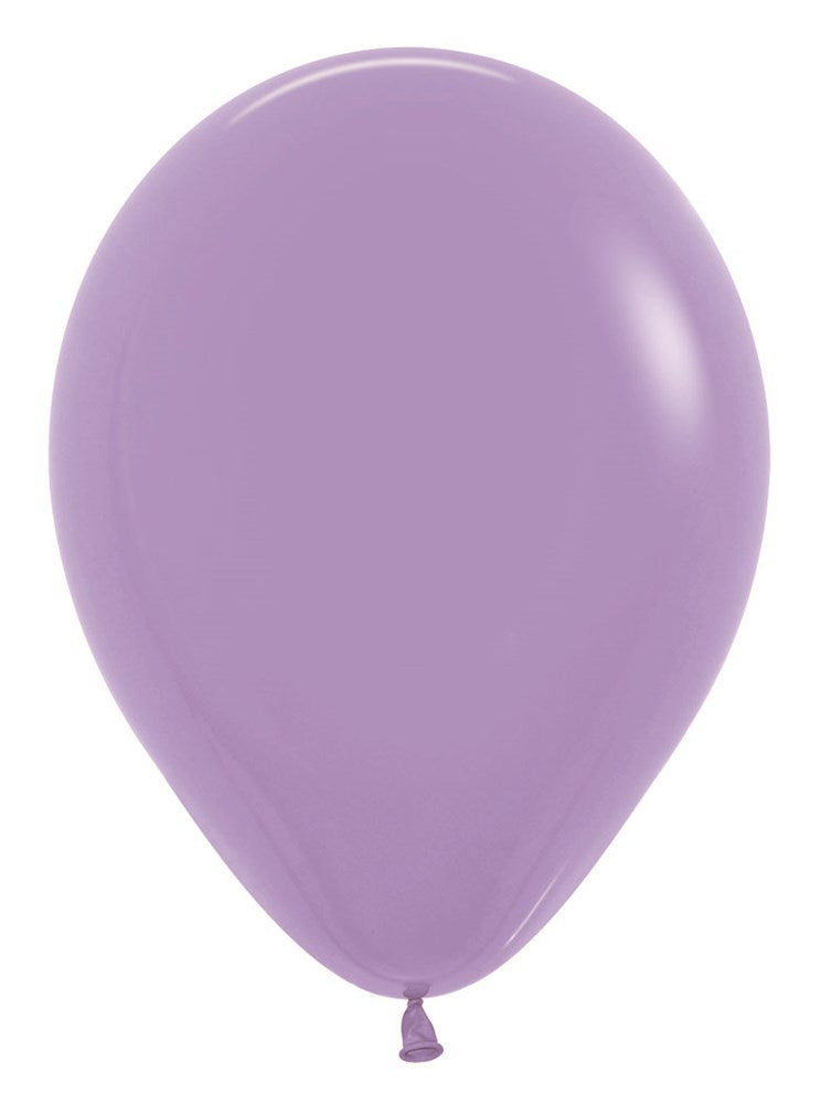 Lilac 5-inch round latex balloon with smooth, shiny surface and tied end.