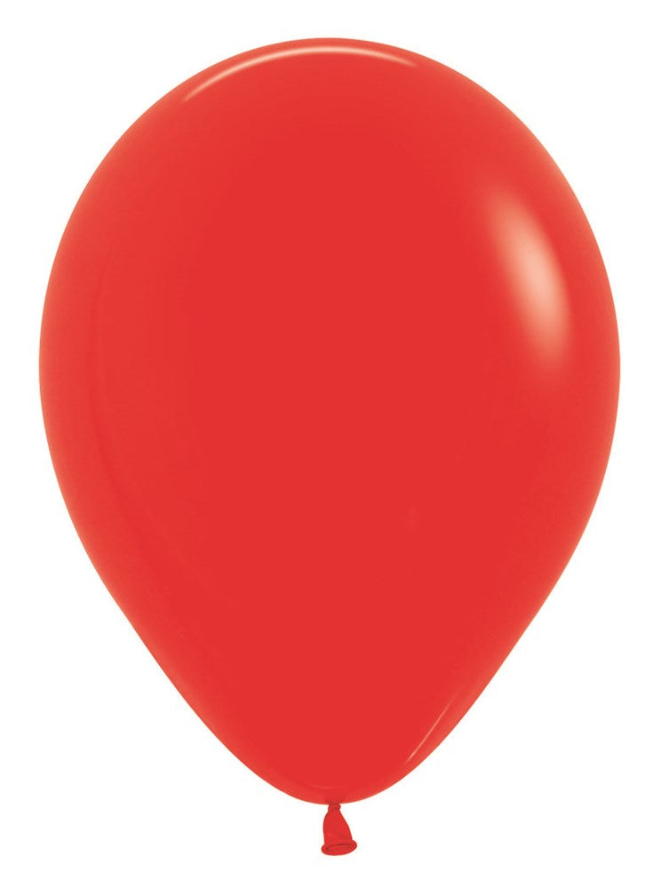 Bright red 5-inch round latex balloon with glossy finish and tied end.