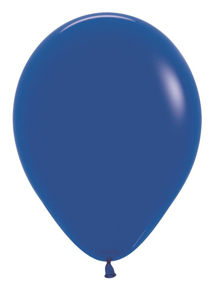 Royal blue 5-inch round latex balloon with a matte finish and tied end.