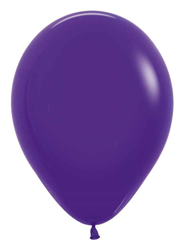 Glossy violet latex balloon, 5-inch round shape, uninflated with tied end.