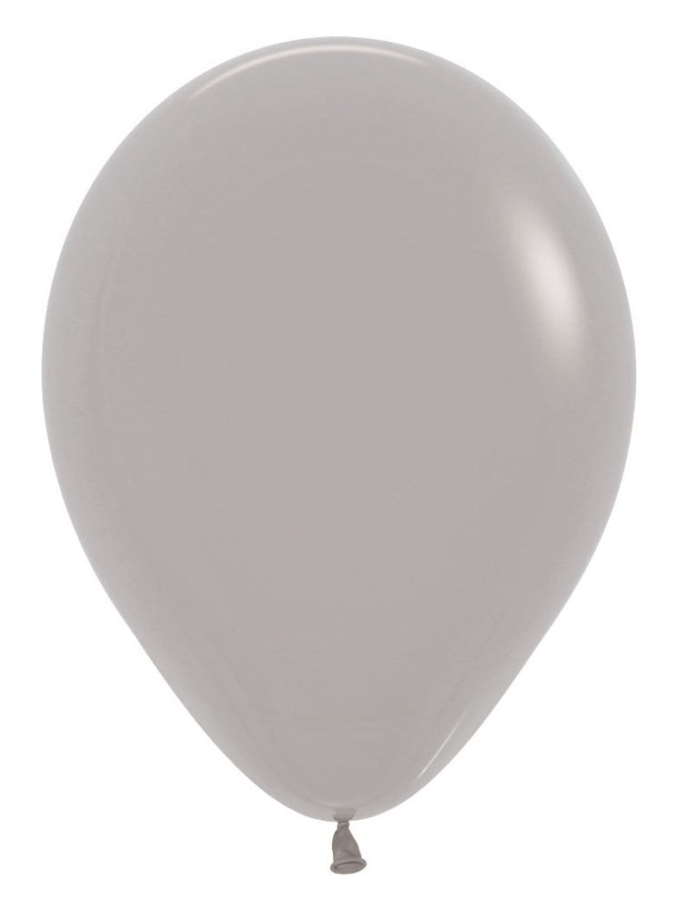 Smooth gray latex balloon inflated and tied at the bottom, 5 inches in size.