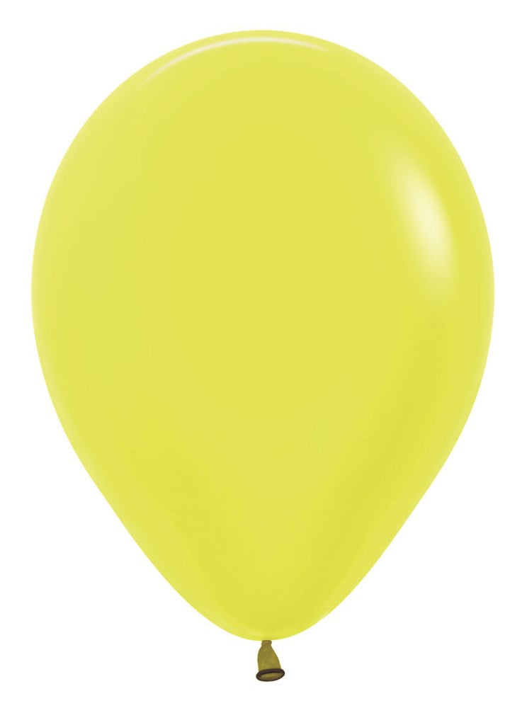 Bright neon yellow 5-inch latex balloon with a tied neck, smooth and shiny surface.