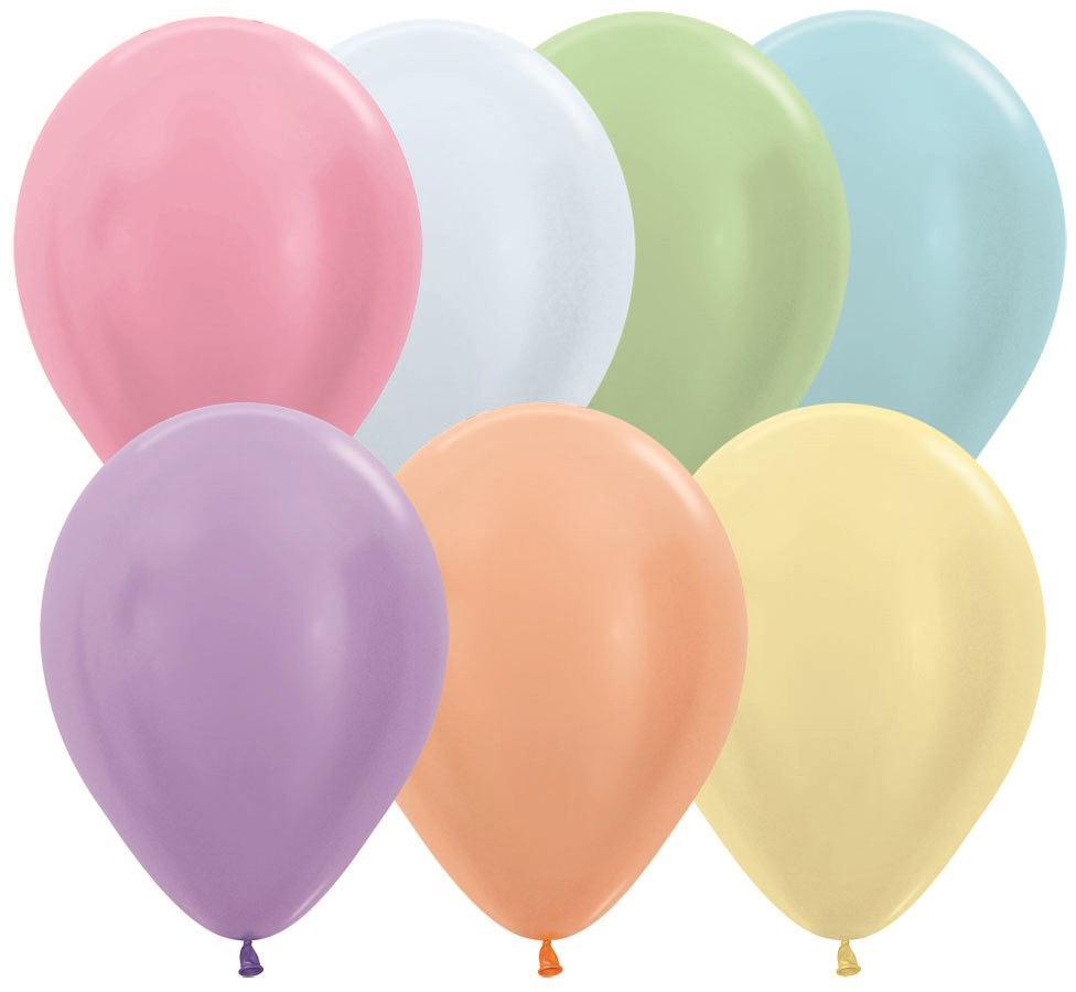 Five-inch pearl-finish latex balloons in pastel pink, white, green, blue, purple, orange, and yellow, 100-count pack.