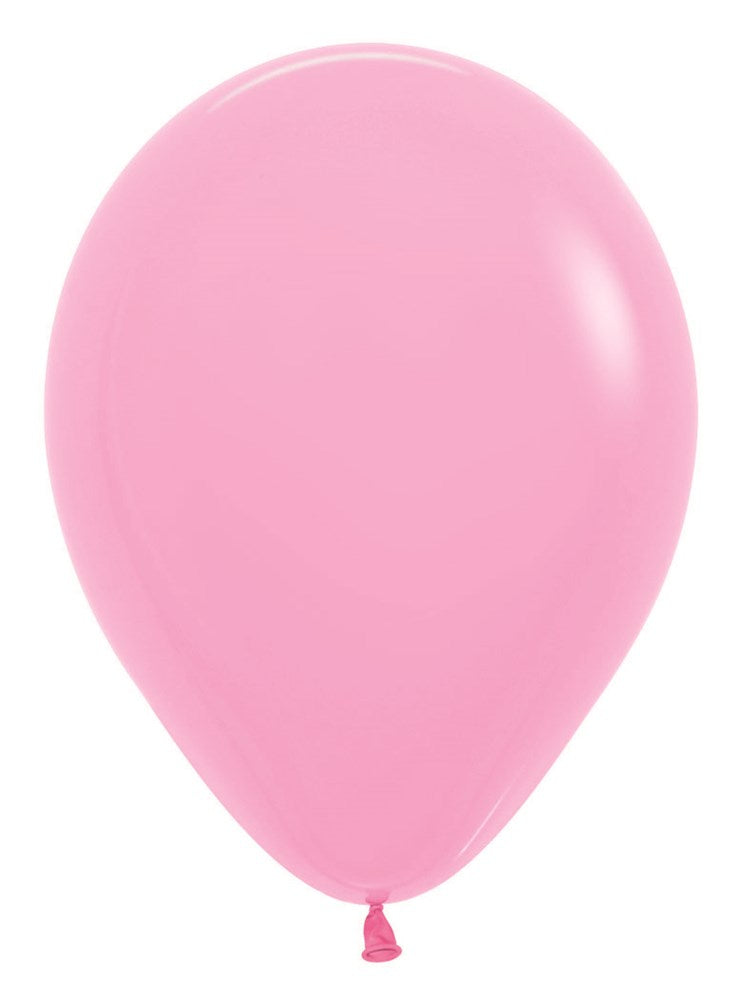 Glossy bubble gum pink 5-inch latex balloon with a rounded teardrop shape and knotted end.