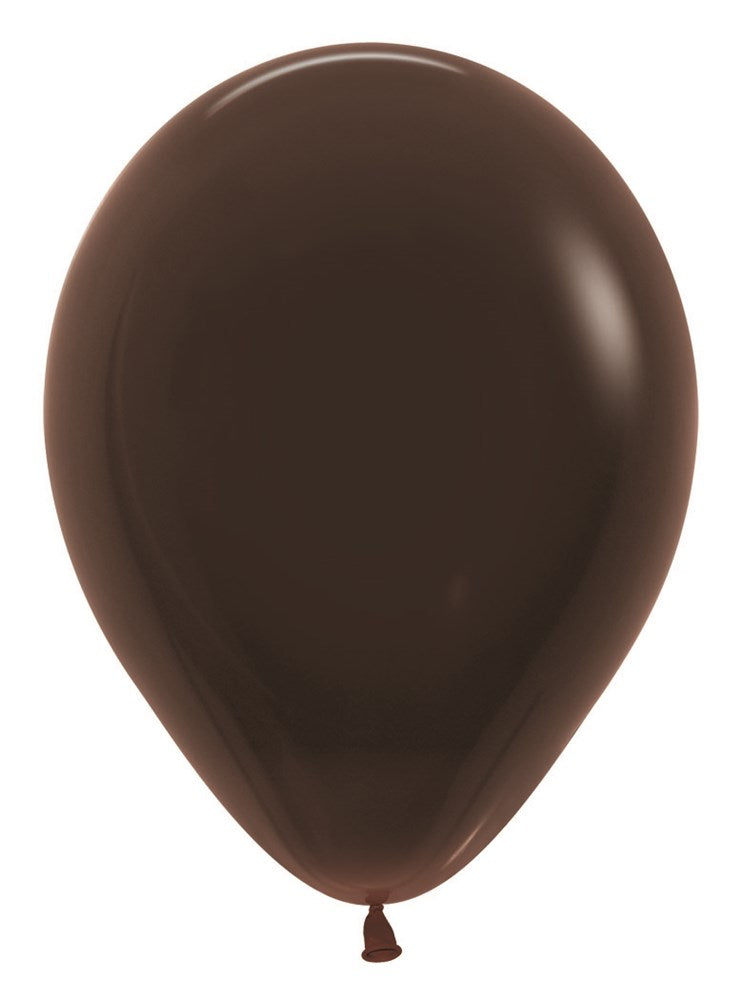 Glossy chocolate brown latex balloon, standard round shape, uninflated with tied end.