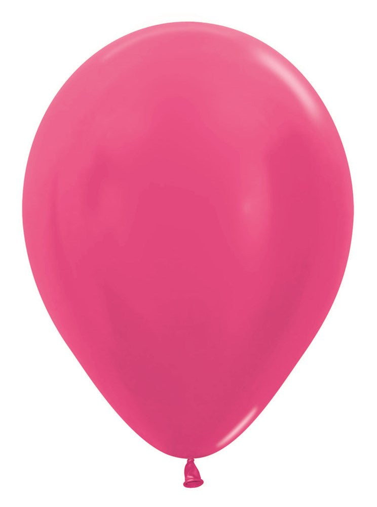 Shiny metallic fuchsia 5-inch latex balloon with smooth surface and teardrop shape.