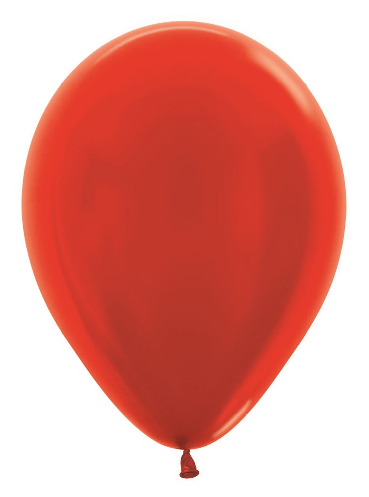 Shiny metallic red 5-inch latex balloon with a tied end, smooth surface.