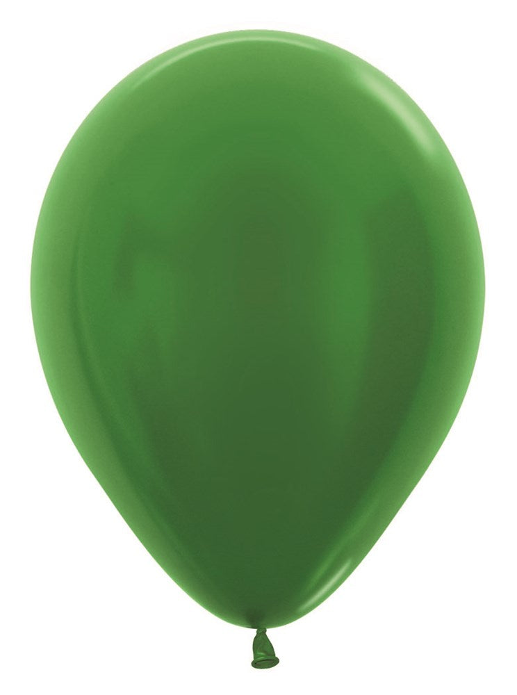 Shiny metallic green latex balloon with teardrop shape, 5-inch size, inflated.