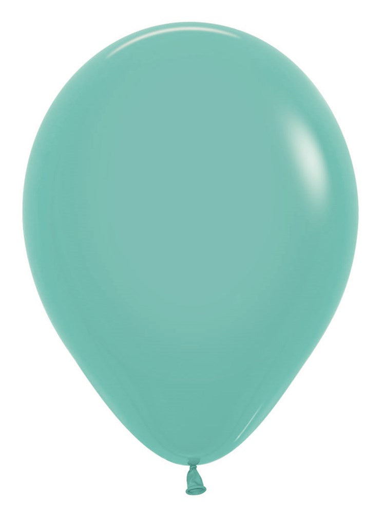 Round robin's egg blue latex balloon, smooth surface, 5-inch size, inflated, tied end.