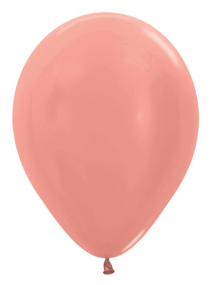 5-inch round metallic rose gold latex balloon inflated fully with a smooth shiny surface.