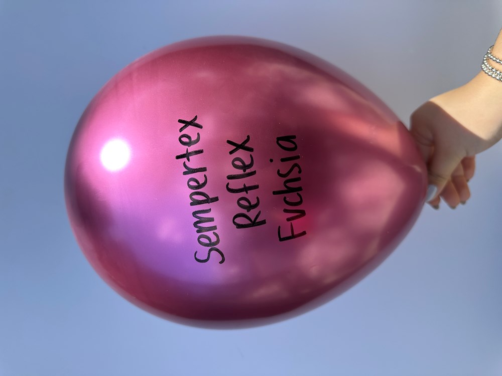 Glossy 5-inch round latex balloon in vibrant reflex fuchsia with black printed text.