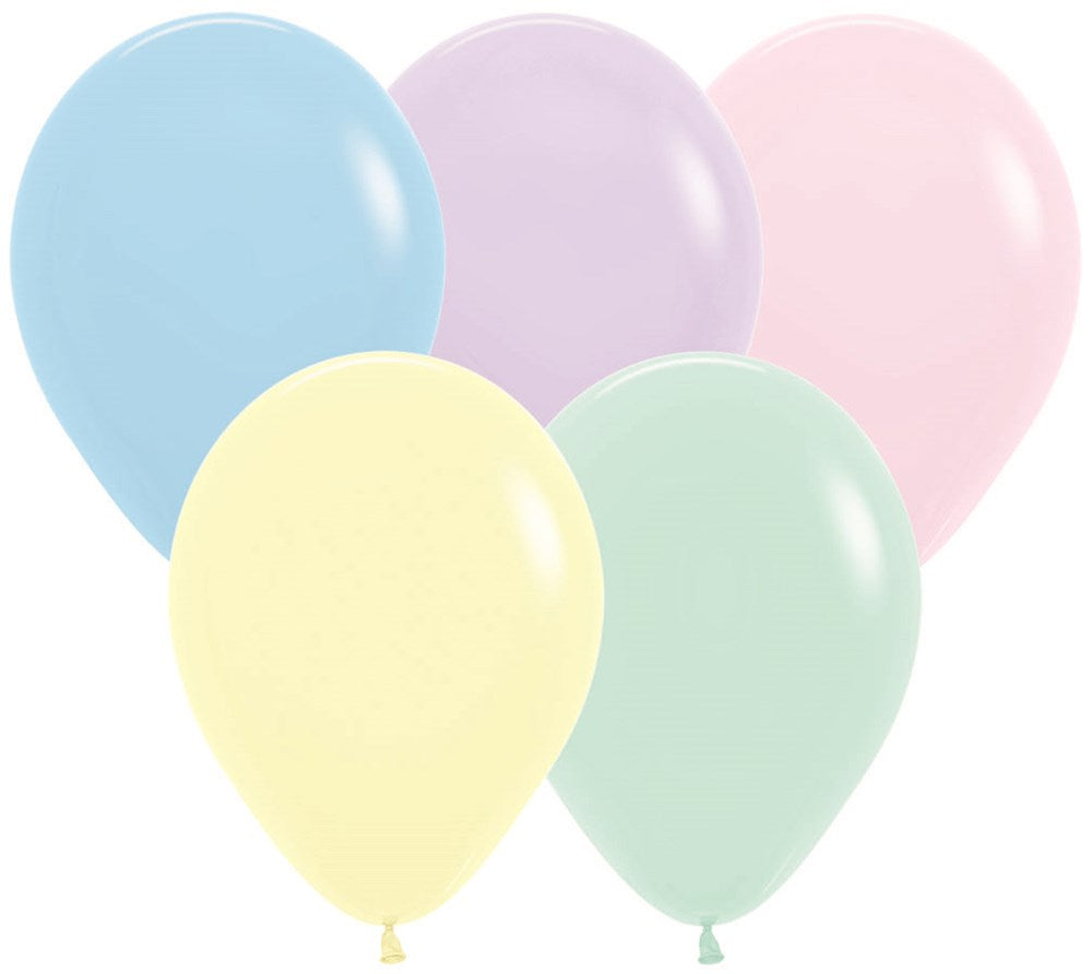 Five pastel matte latex balloons in blue, lavender, pink, yellow, and mint green colors, 5-inch size.