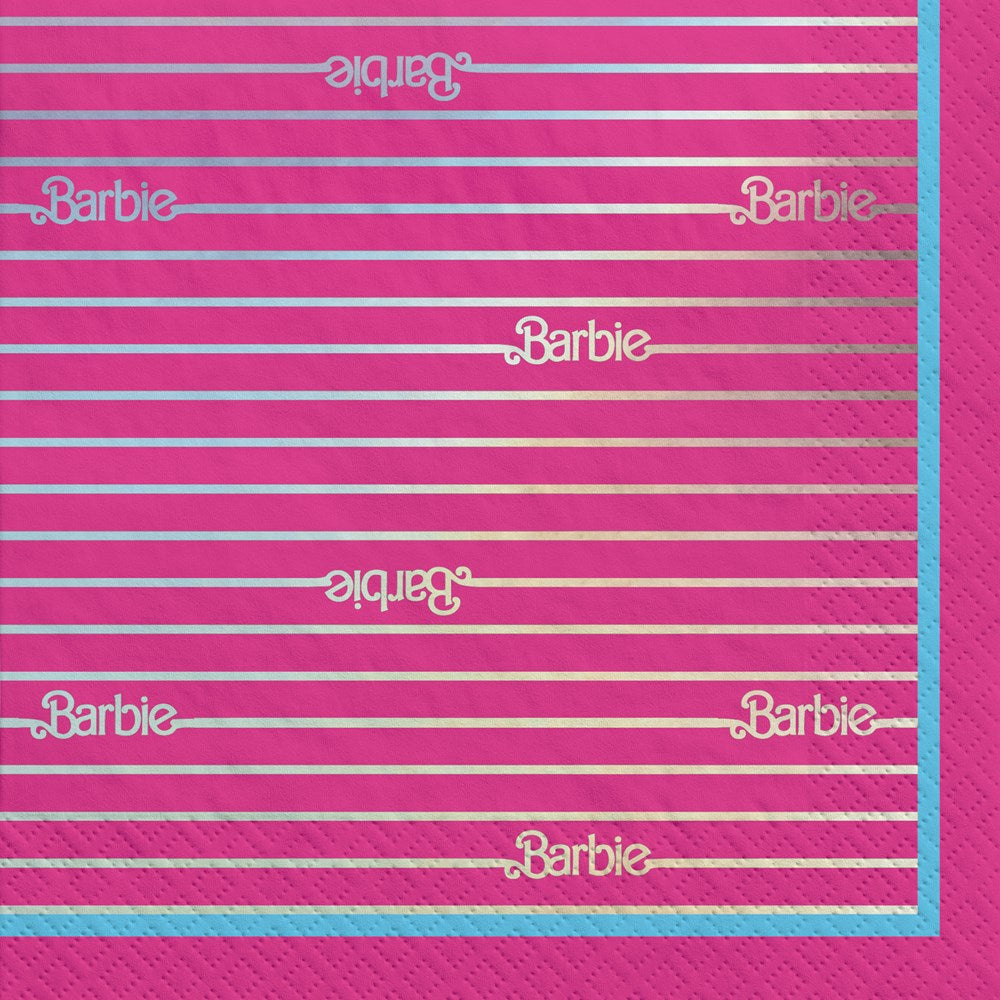 Pink square luncheon napkins with metallic silver horizontal stripes and gold "Barbie" text, 16 count.