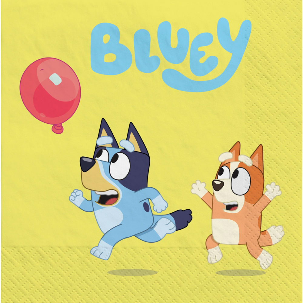 Yellow luncheon napkins with Bluey and Bingo characters chasing a red balloon, 16 count pack.