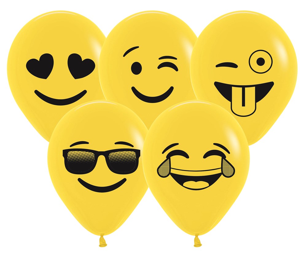 Five yellow latex balloons with black emoji faces including heart eyes, winking smile, tongue out, sunglasses, and laughing.