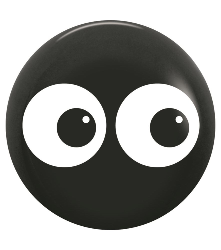 Black 5-inch latex balloon with large white double eye graphic printed on surface.
