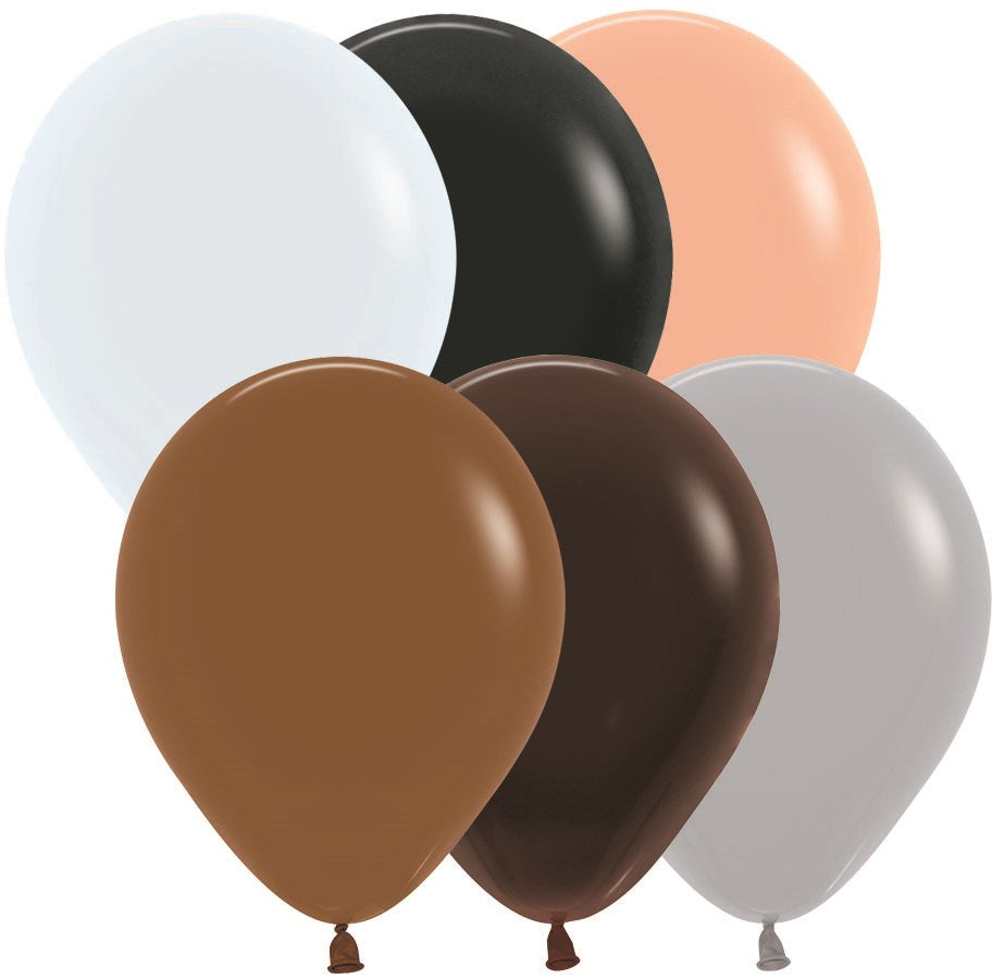 Set of six 5-inch latex balloons in white, black, peach, brown, dark brown, and gray colors.