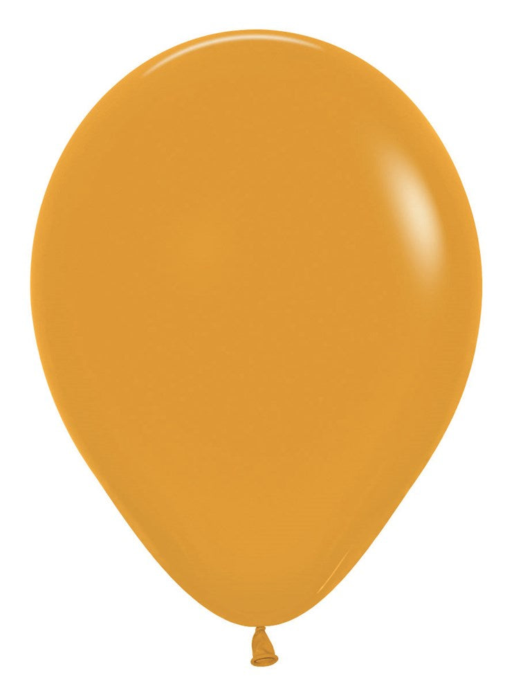 Glossy mustard yellow latex balloon inflated to 5 inches with tied neck.