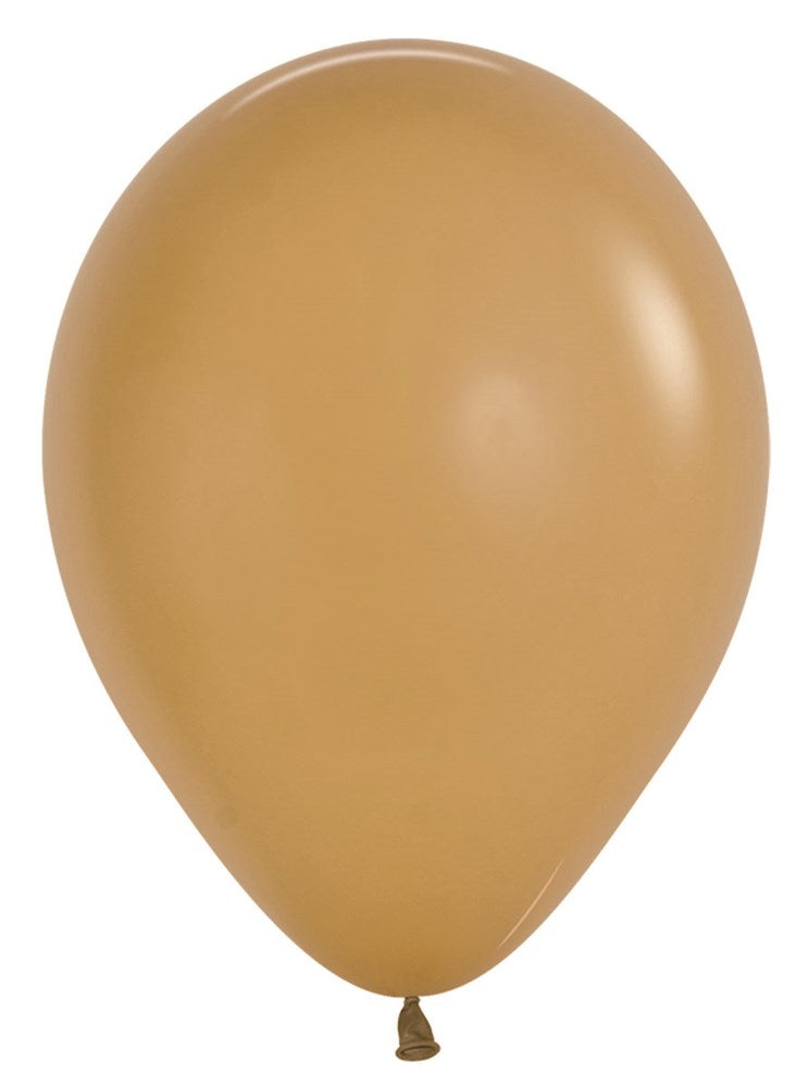 Matte latte brown 5-inch latex balloon with a rounded teardrop shape, inflated and tied at the bottom.