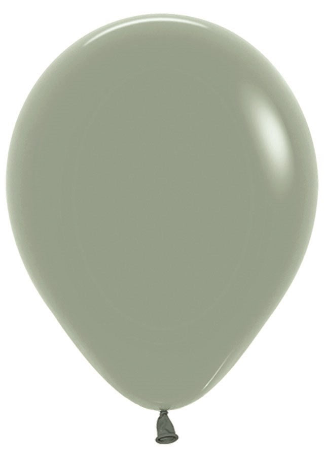 Matte pastel dusk laurel green 5-inch latex balloon with tied end.