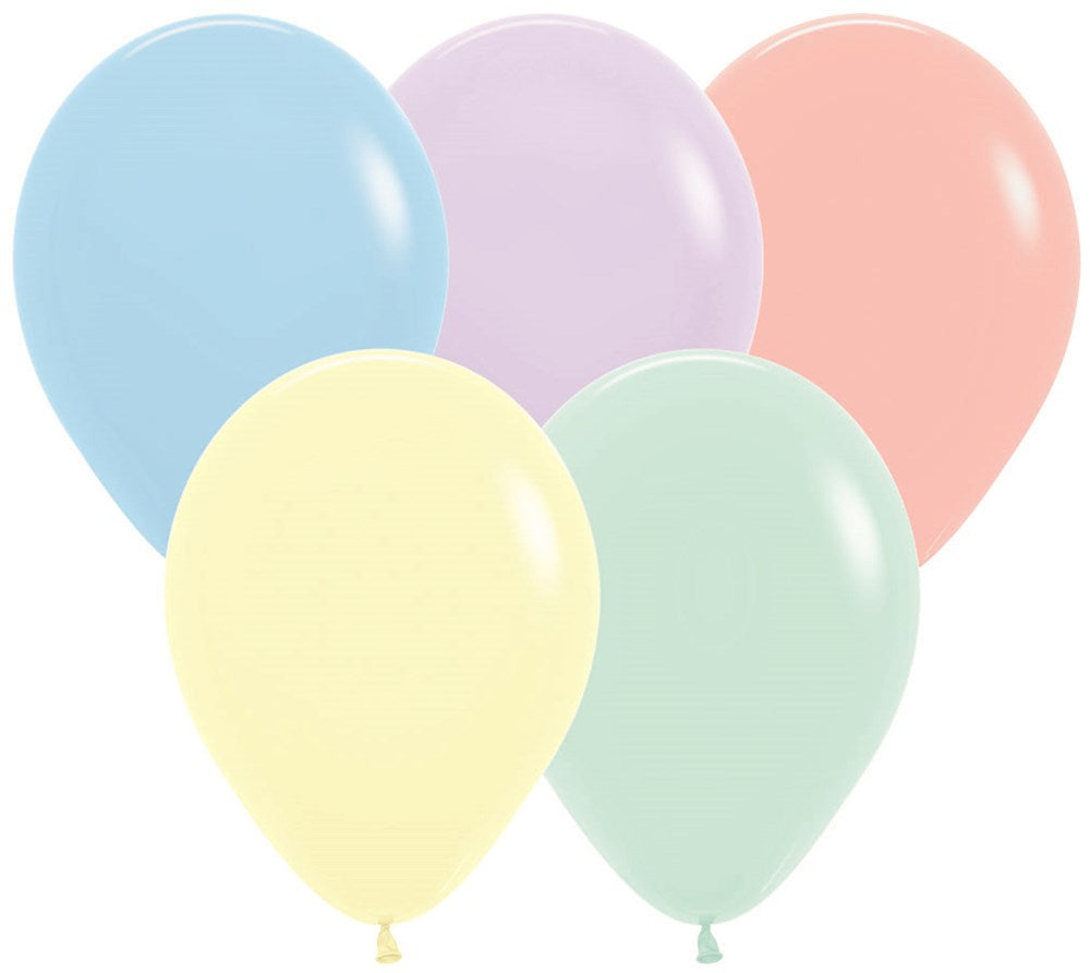 Five pastel matte latex balloons in blue, lavender, peach, yellow, and mint green colors.