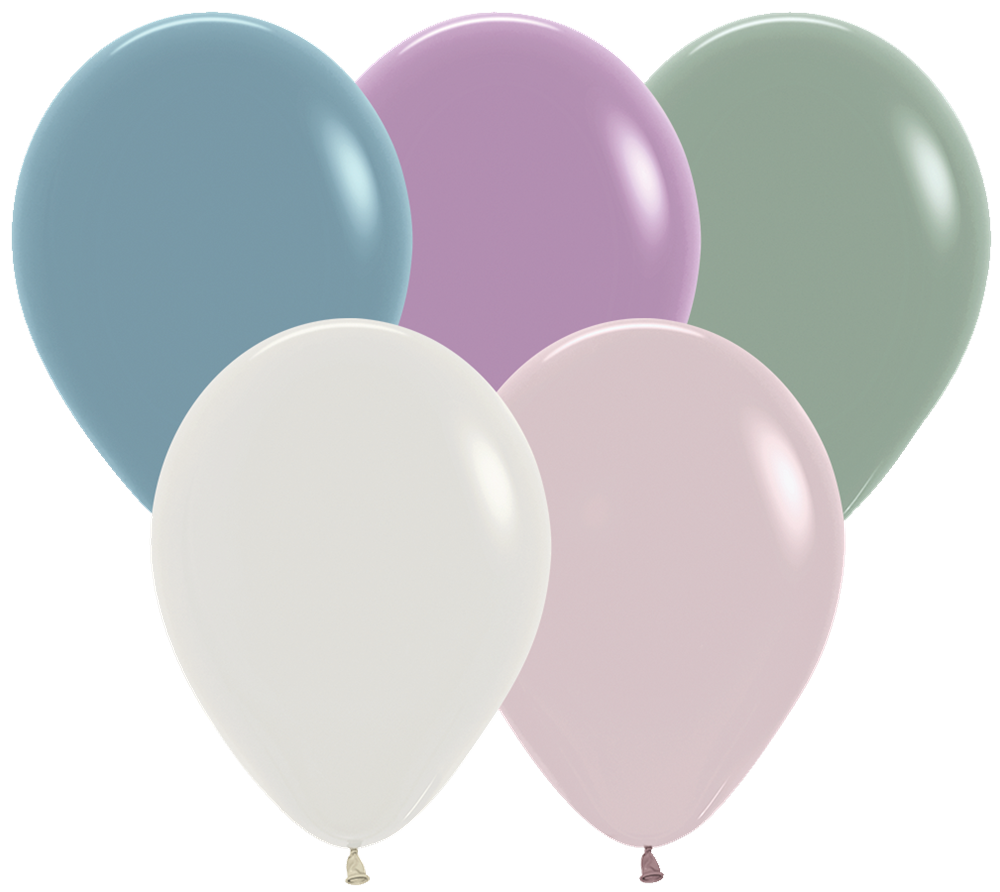 Five pastel-colored latex balloons in muted blue, lavender, sage green, soft white, and pale pink.
