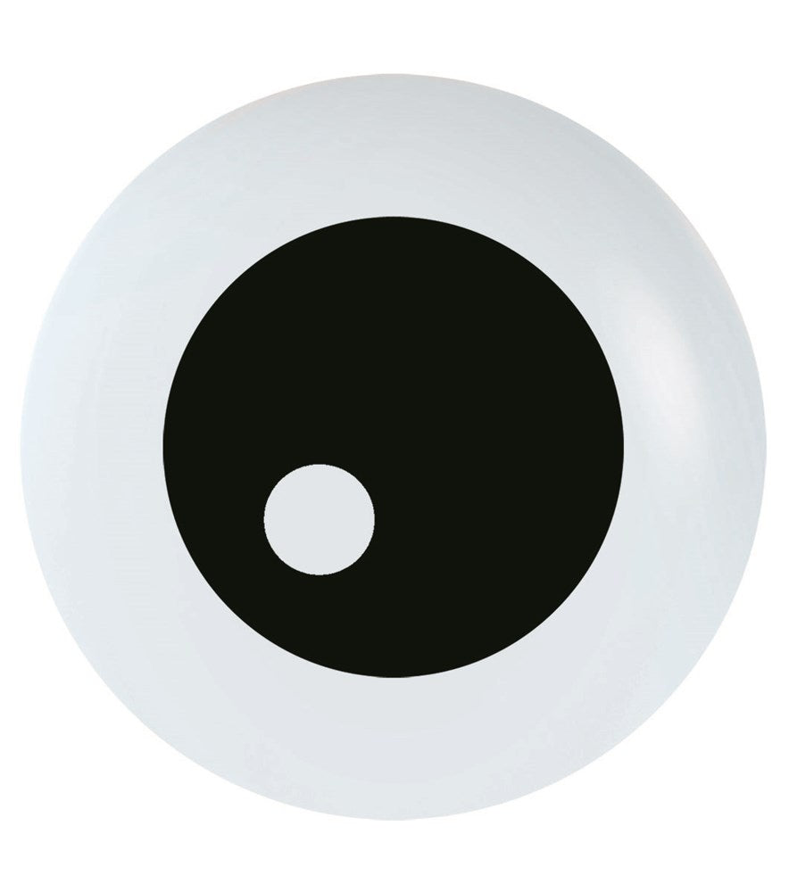 White latex balloon with black and white eyeball design, 5 inch diameter, round shape.