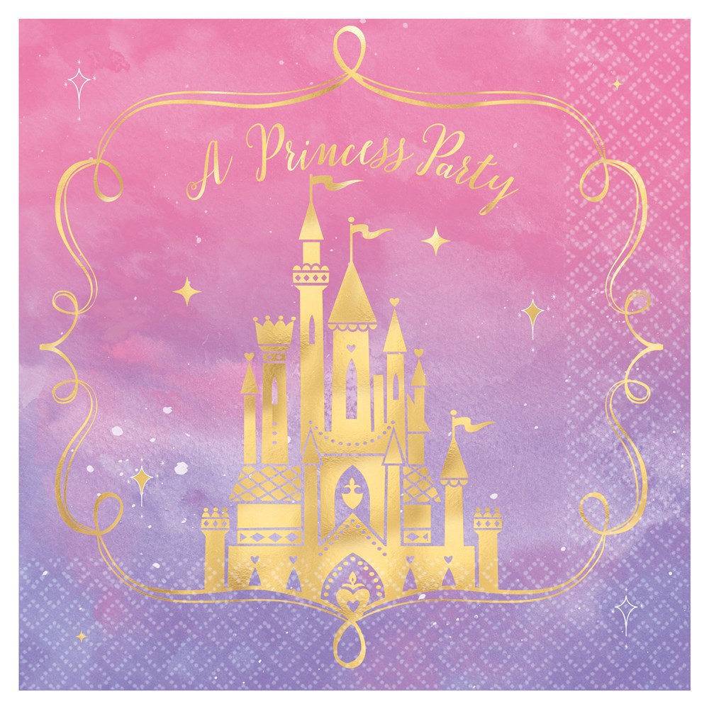 Square lunch napkins with a pink and purple watercolor background, featuring a shiny gold Disney castle and decorative gold.