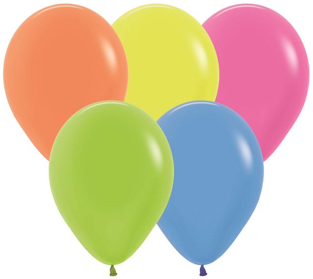 Five 11-inch neon latex balloons in orange, yellow, pink, green, and blue, inflated and grouped together.