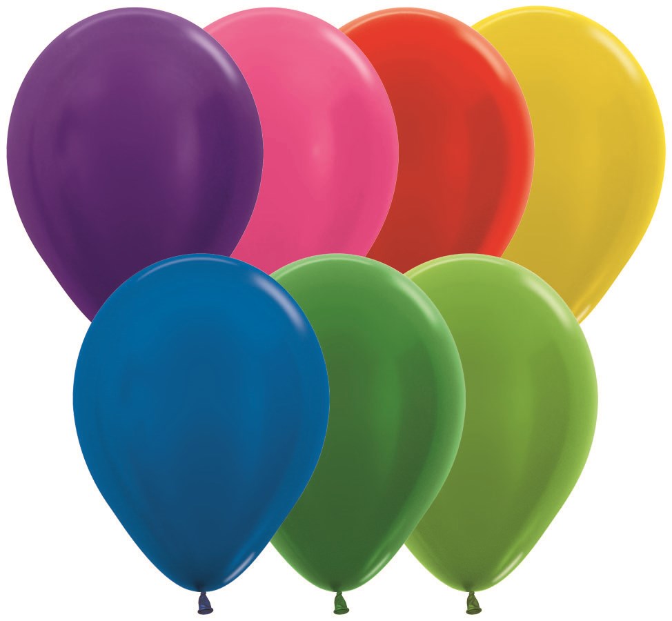 Assorted 11-inch metallic latex balloons in purple, pink, red, yellow, blue, and two shades of green, 100 count pack.