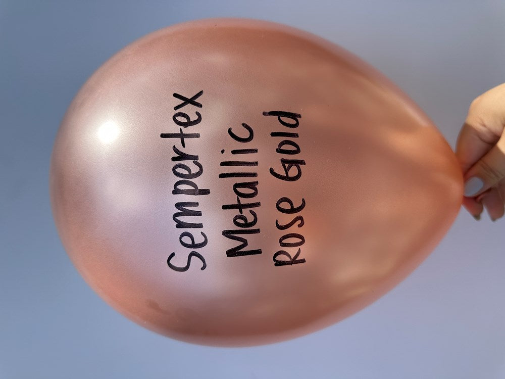 11-inch metallic rose gold latex balloon with Sempertex branding, smooth shiny surface.