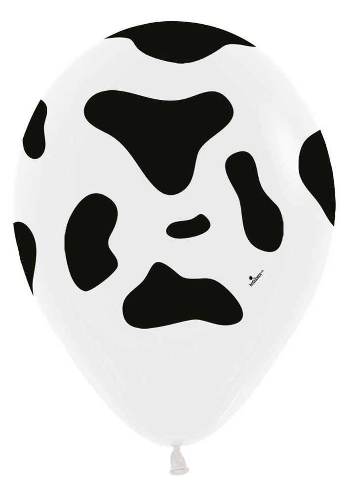 White 11-inch latex balloon with black cow print spots, round shape, tied end.