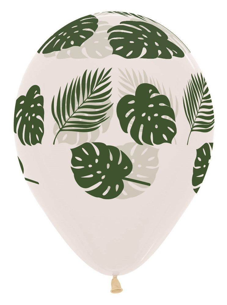 11-inch white latex balloon with green palm frond leaf prints, round shape.
