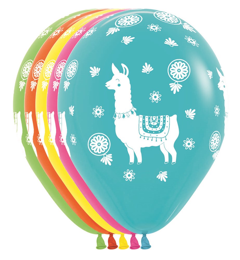 Set of 11-inch round latex balloons in teal, purple, orange, yellow, and green, each featuring a white llama and decorative.