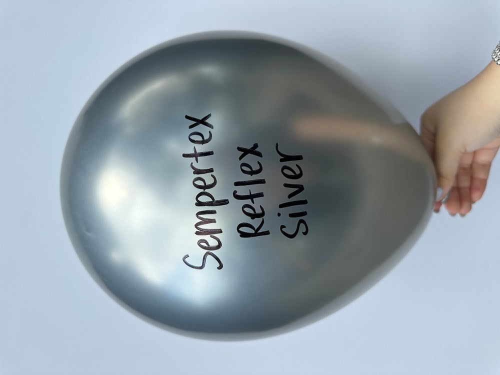 11-inch silver metallic latex balloon with Sempertex Reflex Silver text, smooth shiny surface.